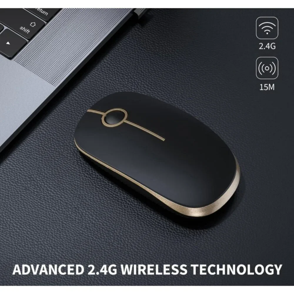 Wireless 2.4G Silent Mouse with USB Receiver DPI Precision Black Gold, New